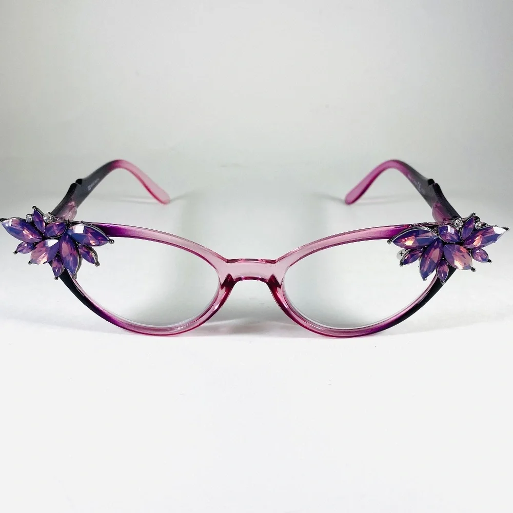 Retro Readers plum ombre frames with Lavender rhinestones +3.00 reading glasses